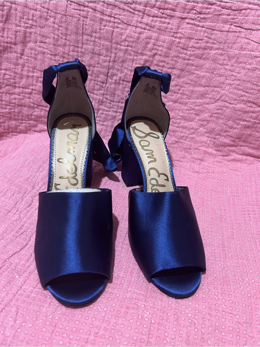 Sam Edelman Navy Satin Ankle Wrap Tie Open-Toe Block Heel Sandals, size 8B/M